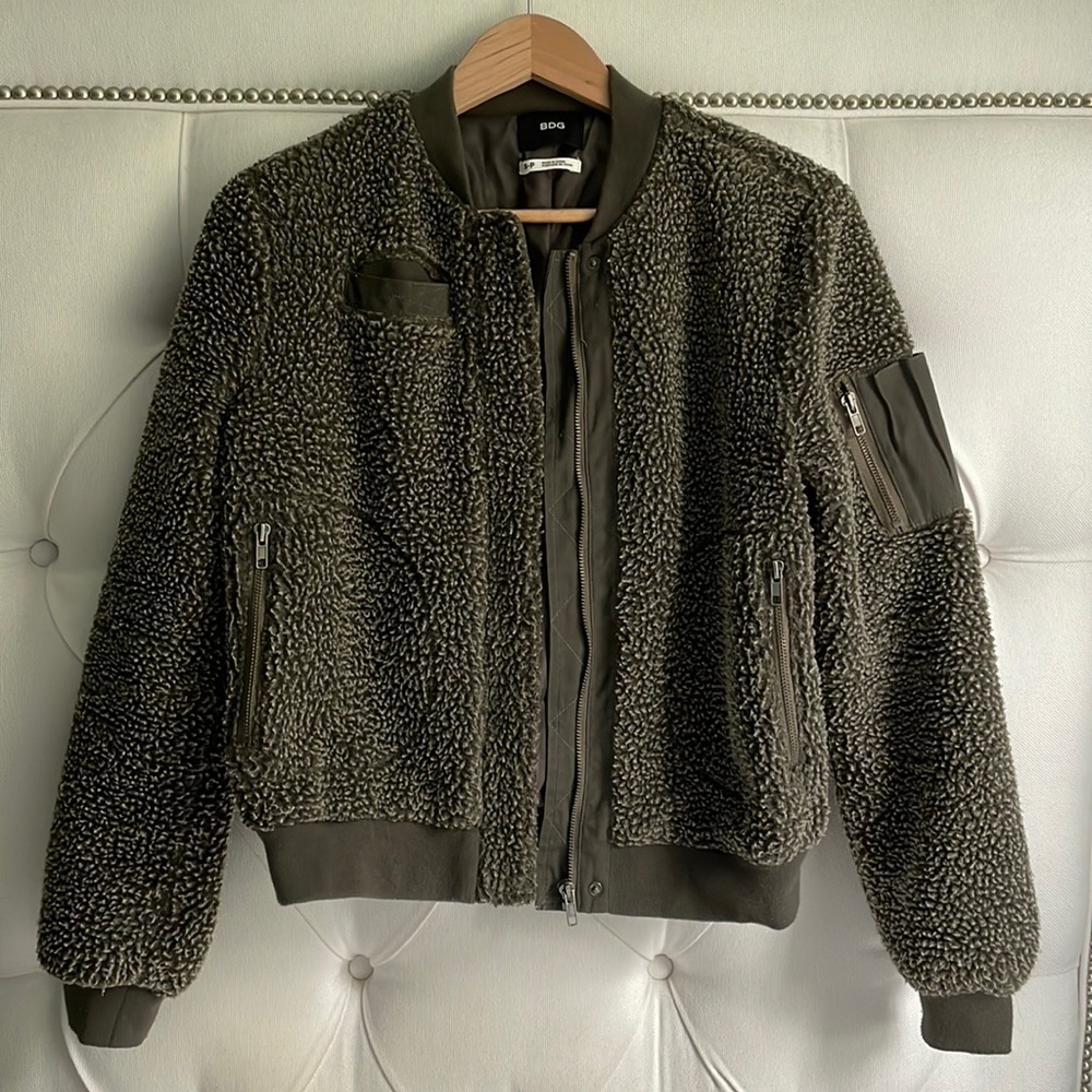Urban Outfitters BDG Teddy Bomber Jacket in Olive Green
